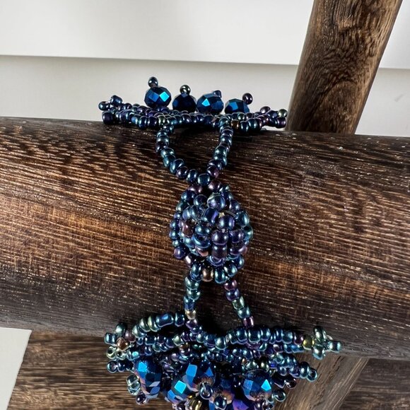 Handmade Beaded Cuff Bracelet With Iridescent Blue Glass Beads & Intricate Desig - Picture 2 of 3